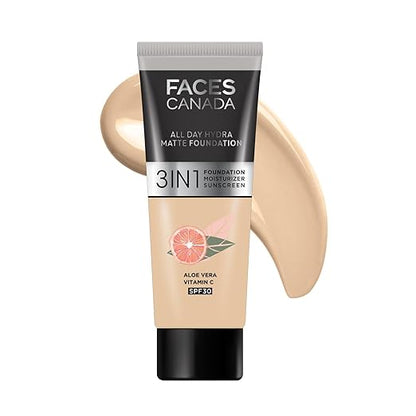 FACES CANADA All Day Hydra Matte Foundation - Mini | 3-in-1 Foundation + Moisturizer + SPF 30 | 24 HR Aloe Hydration & Vitamin C | 10HR Long Wear | Medium to High Buildable Coverage | Rose Ivory, 15ml