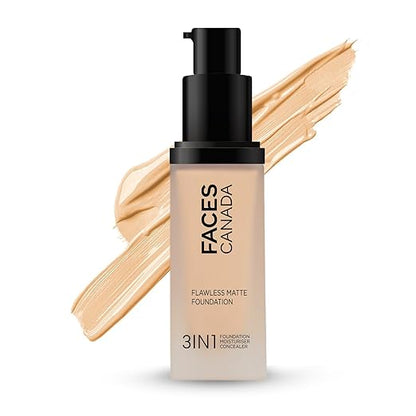 FACES CANADA Flawless Matte Foundation - Soft Sand 041, 30 ml | 3-in-1 Foundation + Moisturizer + Concealer | 12 HR Hydration + SPF 18 | Full HD Matte Coverage | Lightweight | Anti Ageing