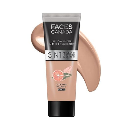 FACES CANADA All Day Hydra Matte Foundation - Mini | 3-in-1 Foundation + Moisturizer + SPF 30 | 24 HR Aloe Hydration & Vitamin C | 10HR Long Wear | Medium to High Buildable Coverage | Caramel Natural, 15ml