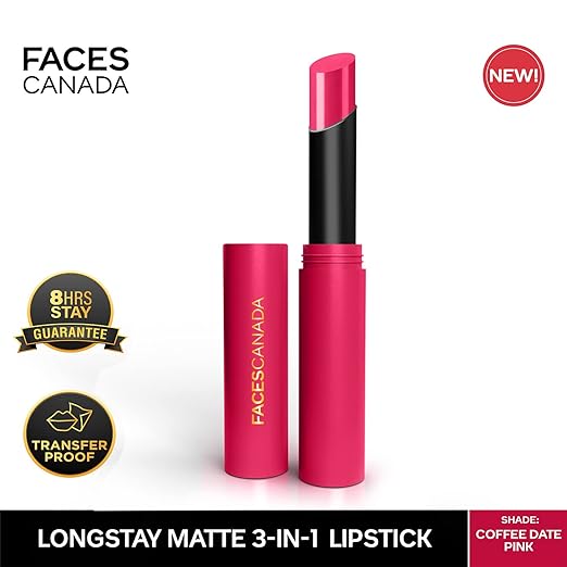 FACESCANADA Long Stay 3-in-1 Matte Lipstick - Romantic Maroon 01, 2g | 8HR Longstay | Transfer Proof | Moisturizing | Chamomile & Shea Butter | Primer-Infused | Lightweight | Intense Color Payoff