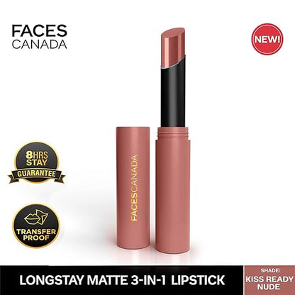 FACESCANADA Long Stay 3-in-1 Matte Lipstick - Notice Me Pink 06, 2g | 8HR Longstay | Transfer Proof | Moisturizing | Chamomile & Shea Butter | Primer-Infused | Lightweight | Intense Color Payoff