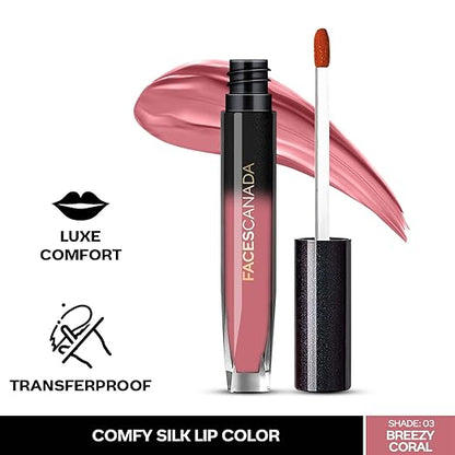 FACES CANADA Comfy Silk Liquid Lipstick - Breezy Coral 03, 3ml | Satin Matte HD Finish | Luxe Comfort | Longlasting | No Dryness | Smooth Texture | Mulberry Oil & Shea Butter For Plump Hydrated Lips