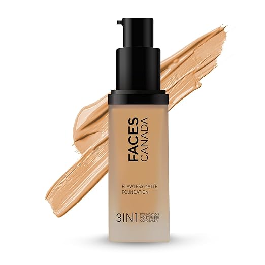 FACES CANADA Flawless Matte Foundation - Caramel Natural 023, 30 ml | 3-in-1 Foundation + Moisturizer + Concealer | 12 HR Hydration + SPF 18 | Full HD Matte Coverage | Lightweight | Anti Ageing