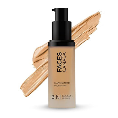 FACES CANADA Flawless Matte Foundation - Golden Beige 032, 30 ml | 3-in-1 Foundation + Moisturizer + Concealer | 12 HR Hydration + SPF 18 | Full HD Matte Coverage | Lightweight | Anti Ageing