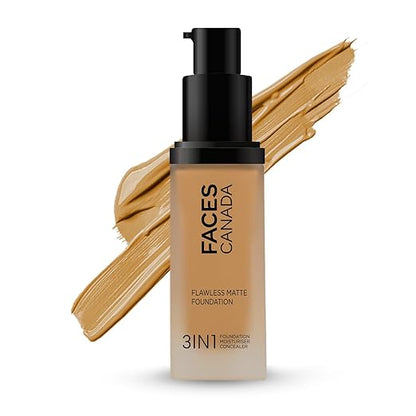 FACES CANADA Flawless Matte Foundation - Golden Beige 032, 30 ml | 3-in-1 Foundation + Moisturizer + Concealer | 12 HR Hydration + SPF 18 | Full HD Matte Coverage | Lightweight | Anti Ageing