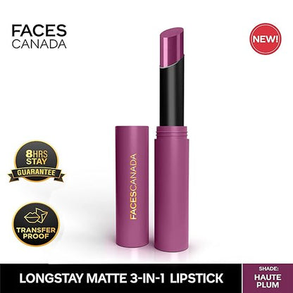 FACESCANADA Long Stay 3-in-1 Matte Lipstick - Bubblegum Pink 04, 2g | 8HR Longstay | Transfer Proof | Moisturizing | Chamomile & Shea Butter | Primer-Infused | Lightweight | Intense Color Payoff