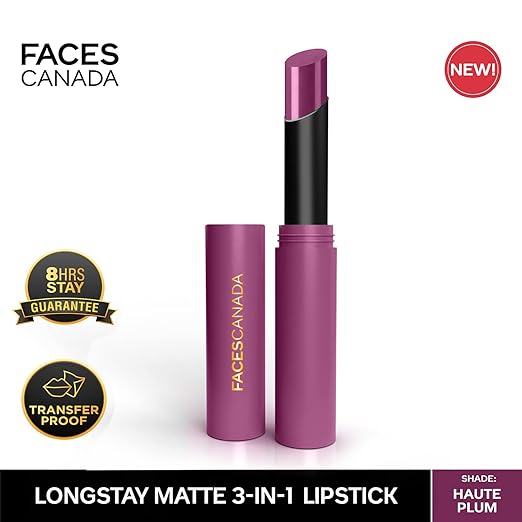 FACESCANADA Long Stay 3-in-1 Matte Lipstick - Romantic Maroon 01, 2g | 8HR Longstay | Transfer Proof | Moisturizing | Chamomile & Shea Butter | Primer-Infused | Lightweight | Intense Color Payoff