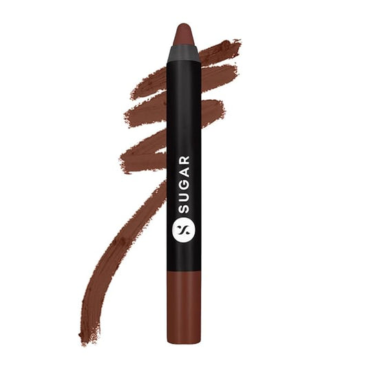 SUGAR Matte as Hell Crayon Lipsticks for Women | Lasts Upto 12hrs | Mini Lip Crayon with Sharpener | 2.8gm - 26 Vianne Rocher (Deep Chocolate Brown)