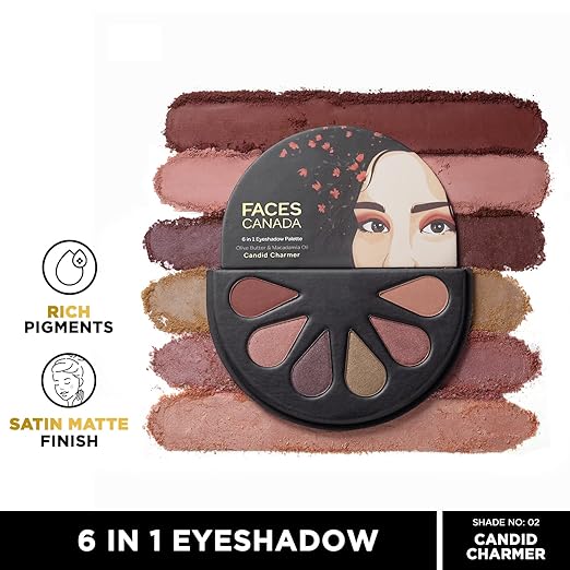 FACESCANADA 6 in 1 Eyeshadow Palette - Candid Charmer 02, 6g | Olive Butter & Macadamia Oil | Vibrant Colors | Highly Pigmented | Easily Blendable | Silky Satin Texture | No Crease | Cruelty-Free