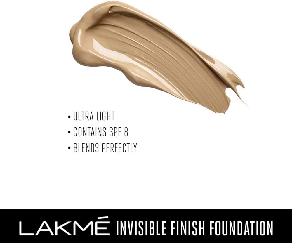 LAKMÉ Invisible Finish SPF 8 Liquid Foundation, Shade 02, Ultra Light Water Based Face Makeup for Glowing Skin - Full Coverage, Natural Finish, 25 ml