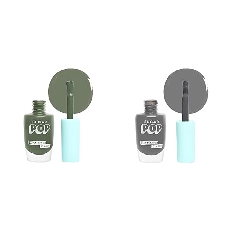 SUGAR POP Nail Lacquer - 24 Keen Green (Olive Green) 10 Ml - Dries In 45 Seconds - Quick-Drying & SUGAR POP Nail Lacquer - 28 Ash Clash (Dark Grey) – 10 ml - Dries in 45 seconds - Quick-drying