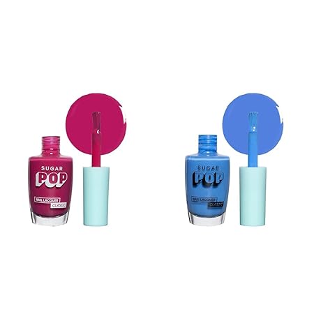 SUGAR POP Nail Lacquer - 10 Call Me Hot (Fuschia Pink)10 ml - Dries in 45 seconds - Quick-drying & SUGAR POP Nail Lacquer - 06 Blue For You (Cool-Toned Persian Blue) 10 Ml