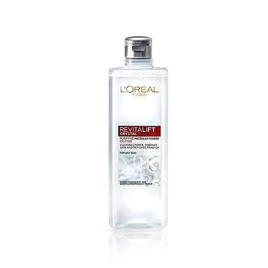 L'Oreal Paris Purifying Micellar Water, Cleanses pores and Removes Makeup, With Oil-Free Technology, Revitalift Crystal, 95ml