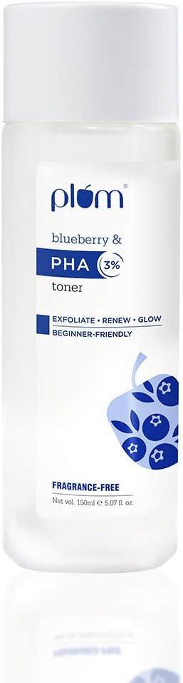 Plum 3% PHA Toner with Blueberry | Clears Breakouts & Acne | Improves Skin Texture | Refines & Tightens Pores | Fragrance-Free | 100% Vegan,Transparent