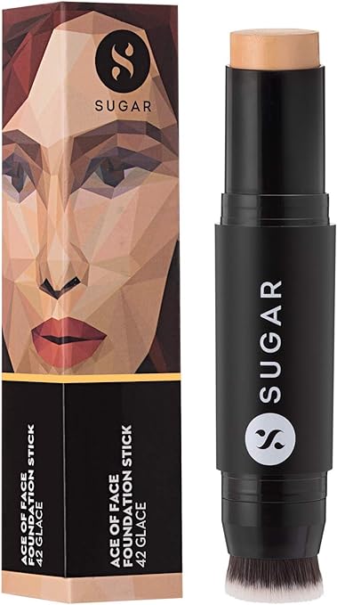 SUGAR Cosmetics Ace Of Face Foundation Stick with Inbuilt Brush - 42 Glace (Medium Beige, Golden Undertone) Full Coverage Waterproof Matte Finish