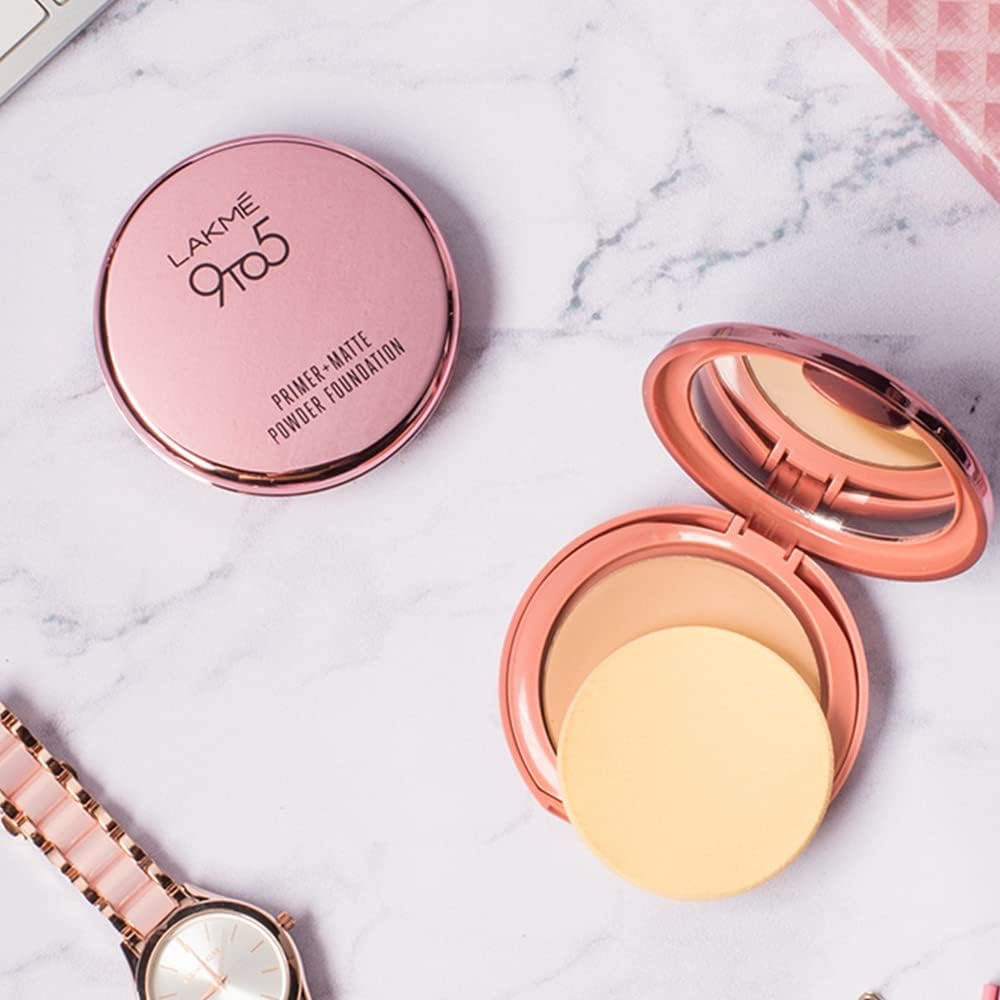 Lakme 9 to 5 Primer + Matte Powder Foundation Compact, Rose Silk, 9 g