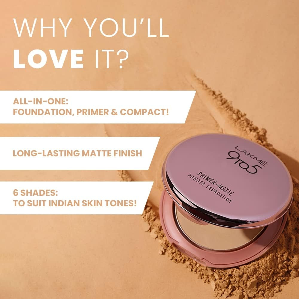 Lakme 9 to 5 Primer + Matte Powder Foundation Compact, Ivory Cream, Long Lasting, Buildable Coverage for a Matte Finish - Lightweight Face Makeup, 9 g