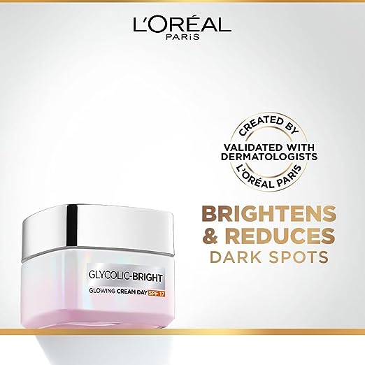 L'Oréal Paris Glycolic Bright Day Cream with SPF 17, 50ml Skin Brightening Cream with Glycolic Acid that Visbily Minimizes Spots & Reveals Even Toned Skin