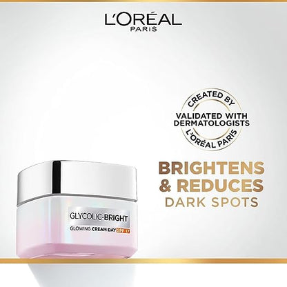 L'Oréal Paris Glycolic Bright Day Cream with SPF 17, 50ml Skin Brightening Cream with Glycolic Acid that Visbily Minimizes Spots & Reveals Even Toned Skin