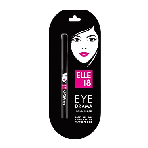 Elle 18 Eye Drama Kajal, Super Black- Smudge-Proof, Waterproof, 0.35 g & Lasting Glow Foundation, 03 Shell, Shell, 27 ml, Matte Finish