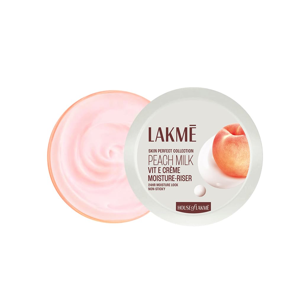 LAKMÉ Peach Milk Soft Crème Moisturizer for Face 100 g, Daily Lightweight Whipped Cream with Vitamin E for Soft, Glowing Skin - Non Oily 24h Moisture