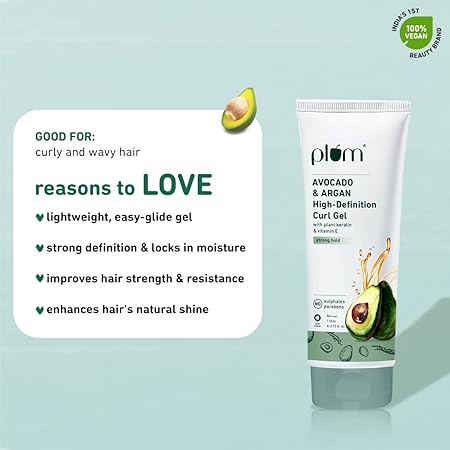 Plum Avocado & Argan High-Definition Curl Gel I Contains Avocado Oil, Argan Oil, Plant Kertain, D-Panthenol & Vitamin E I | Sulphate-Free I Paraben-Free I 100% Vegan