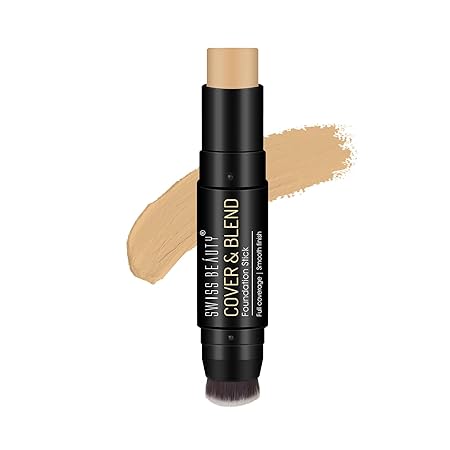 Swiss Beauty Waterproof Cover & Blend Foundation Stick, Full Coverage Foundation with Natural Matte Finish, Foundation with Brush | Shade - Almond Beige,12g