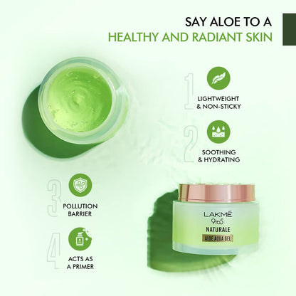 Lakme 9 to 5 Naturale Aloe Aqua Hydrating Face Gel 50 g, with 100% Natural Aloe Vera, Lightweight Cooling Moisturizer - Moisturizes & Brightens Skin