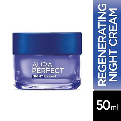 L'Oreal Paris Aura Perfect Night Cream, Moisturising and Brightening, With Vitamin C + Vitamin E + Tourmaline Gemstone, 50ml