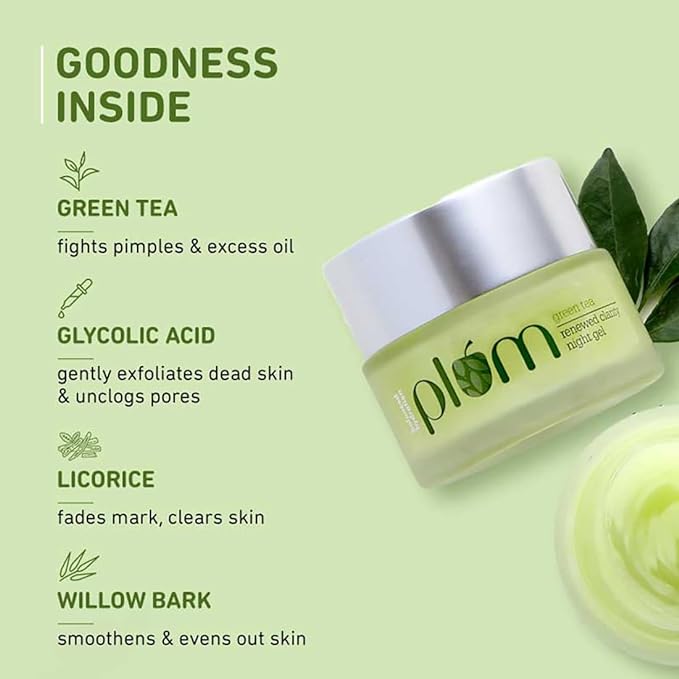 Plum Green Tea Renewed Clarity Night Gel Mini | Hydrates Skin & Fights Acne | Lightweight, Quick-Absorbing, Non-Sticky Gel Texture | With Willow Bark & Glycolic Acid | Oily, Acne-Prone Skin | 100% Vegan