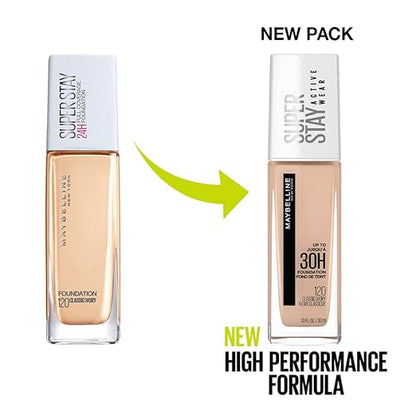 Maybelline New York Super Stay Full Coverage Active Wear Liquid Foundation, Matte Finish with 30 HR Wear, Transfer Proof, 120, Classic Ivory, 30ml