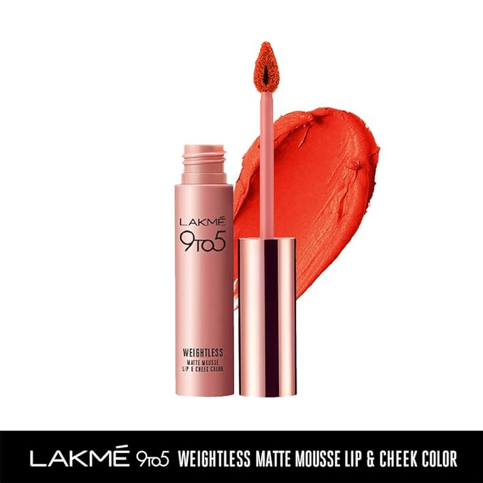 LAKMÉ 9 to 5 Weightless Mousse Lip Color & Cheek Color, Matte Finish - Tangerine Fluff, 9 g