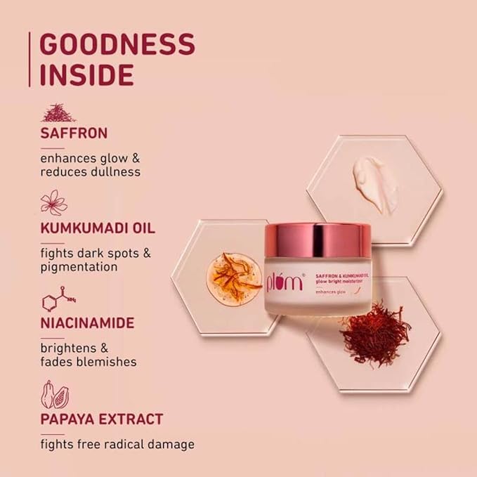 PACK OF 2 Plum Saffron & Kumkumadi Oil Glow Bright Moisturizer | With SPF 35 | Brightens Skin & Enhances Glow | Fights Dark Spots & Dull Skin | UVA & UVB Protection | All Skin Types | 100% Vegan | 50 gm