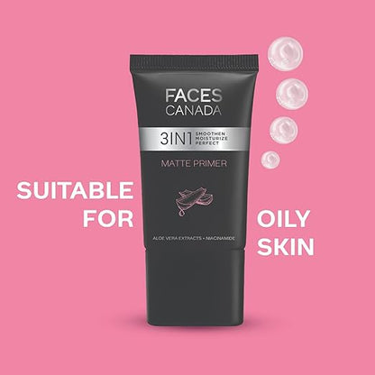 FACES CANADA Matte Primer, 30g | Oil-Free Matte Finish | Lightweight Gel Texture | Smoothens & Moisturizes Skin | Niacinamide, Hyaluronic Acid, Vitamin A, C & E | No Alcohol & Parabens