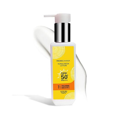 FACES CANADA Sunscreen Lotion, 100ml | SPF 50 PA+++ | Protects From UVA & UVB Rays | 1% Hyaluronic Acid & Vitamin C | Lightweight | No White Cast | Natural Radiant Glow| No Alcohol | No Parabens