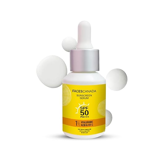 FACES CANADA Sunscreen Serum, 30ml | SPF 50 PA+++ | Protects From UVA & UVB Rays | 1% Hyaluronic Acid & Vitamin C | Lightweight | No White Cast | Natural Radiant Glow| No Alcohol | No Parabens