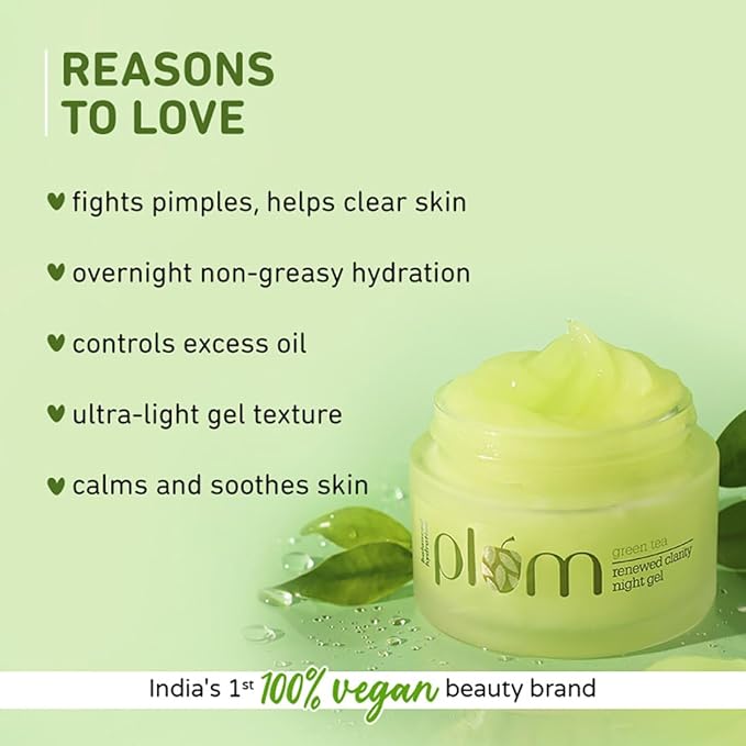 Plum Green Tea Renewed Clarity Night Gel Mini | Hydrates Skin & Fights Acne | Lightweight, Quick-Absorbing, Non-Sticky Gel Texture | With Willow Bark & Glycolic Acid | Oily, Acne-Prone Skin | 100% Vegan