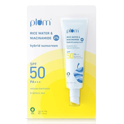 PACK OF 2 Plum 2% Niacinamide & Rice Water Hybrid Face Sunscreen with SPF 50 PA+++ | Protects & Brightens Skin | No White Cast | Reduces Blemishes | Non-Greasy | UVA & UVB Protection | All Skin Types | 50 g