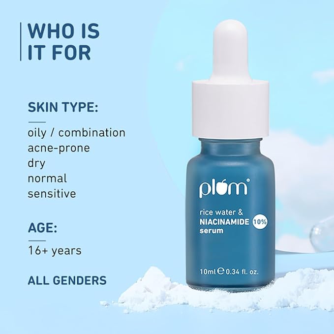 Plum 10% Niacinamide Face Serum | with Rice Water & Squalane| Brightens Skin | Clears Blemishes | Suits All Skin Types | Fragrance-Free | 10 ml