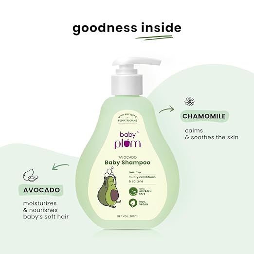 Baby Plum Avocado Baby Shampoo | Clinically Tested by Pediatricians | with Chamomile & Vitamin B5 | Tested Allergen Safe | 200 ml | 0-4 years