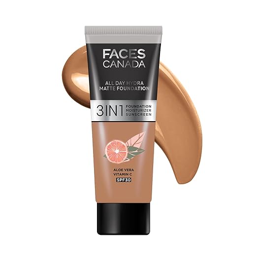 FACES CANADA All Day Hydra Matte Foundation - Mini | 3-in-1 Foundation + Moisturizer + SPF 30 | 24 HR Aloe Hydration & Vitamin C | 10HR Long Wear | Medium to High Buildable Coverage | Warm Sand,15ml