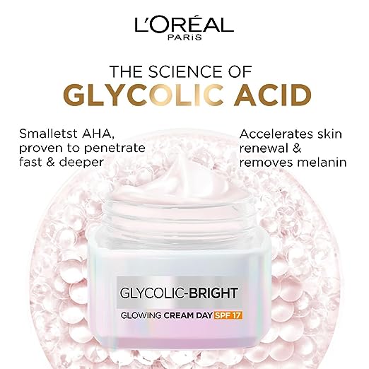 L'Oréal Paris Glycolic Bright Day Cream with SPF 17, 50ml Skin Brightening Cream with Glycolic Acid that Visbily Minimizes Spots & Reveals Even Toned Skin