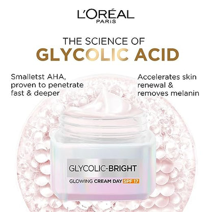 L'Oréal Paris Glycolic Bright Day Cream with SPF 17, 50ml Skin Brightening Cream with Glycolic Acid that Visbily Minimizes Spots & Reveals Even Toned Skin