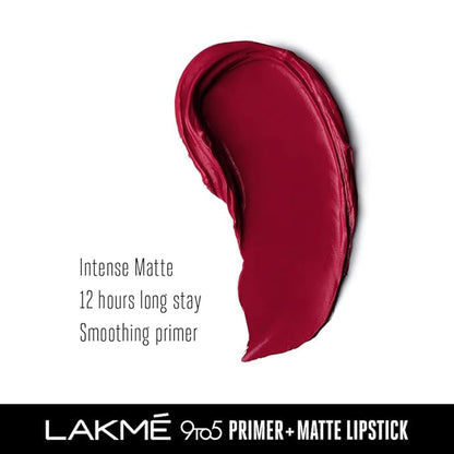 Lakme 9 To 5 Primer + Matte Lipstick, Matte Finish, Lightweight Lipstick, Lasts For 16Hrs, Nourishes Lips & Great For Daily Use, Burgundy Passion, 3.6g