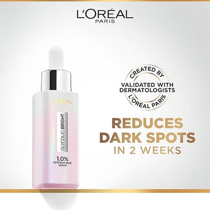 L'Oreal Paris Brightening Serum, 1% Glycolic Acid, 2% Niacinamide Serum, Visibly Minimizes Spots, Reveals Even Skin Tone, Glycolic Bright Skin, 15ml