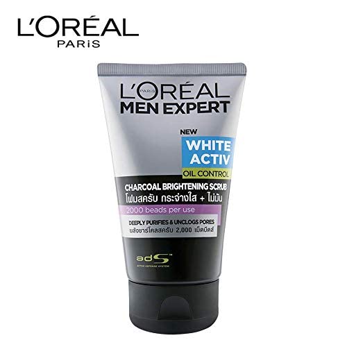 L'Oréal Paris Black Charcoal Face Scrub, Deeply Purifies and Unclogs Pores, Visibly Reduces Blackheads, Men Expert White Activ, 100ml