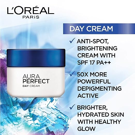 L'Oréal Paris Aura Perfect Day Cream, Moisturising and Brightening, With Vitamin C + Vitamin E + Tourmaline Gemstone, 50ml