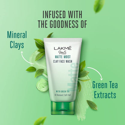 Lakme 9to5 Matte Moist Clay Facewash, Green Tea, Kaolin and Bentonite Clay, Removes Excess Oil, Cleansed, Refreshed Matte Looking Skin, 100g