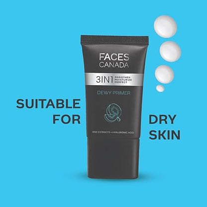 FACES CANADA Dewy Primer, 30g | Blurs Imperfections | Flawless Dewy Base | Lightweight Hydrating Creamy Texture | Smoothens & Moisturizes Skin | Hyaluronic Acid, Vitamin C & E | No Alcohol & Parabens