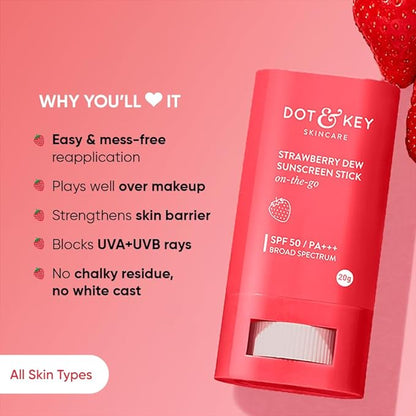 Dot & Key Strawberry Dew SPF 50 Sunscreen Stick On-the-Go | SPF 50 PA+++, Broad Spectrum | UVA / UVB Rays Protection | With Hyaluronic & Ceramide for Hydration & Skin Barrier | Mess Free & No White Cast |20g